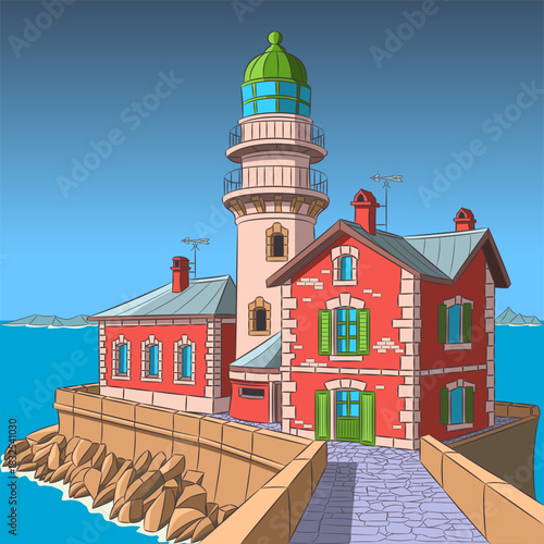 Vector color illustration of a stone lighthouse on a rocky coastline