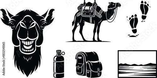 Monochrome vector art of smiling camel head with trekking camel footprints backpack water bottle and desert landscape icons in bold flat travel adventure style