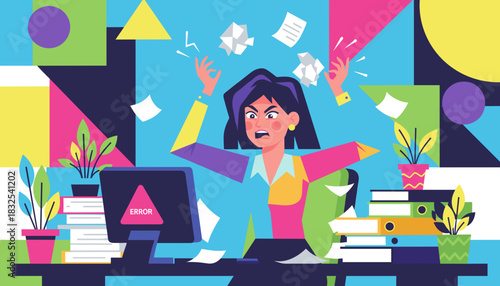 Frustrated office worker panics over computer error and deadline stress throwing papers in anger