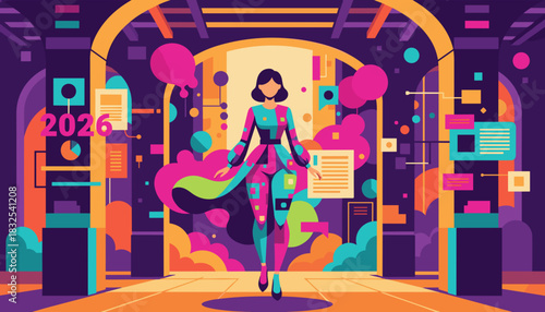 Stylish woman walks through a vibrant futuristic data environment symbolizing tech innovation and digital progress
