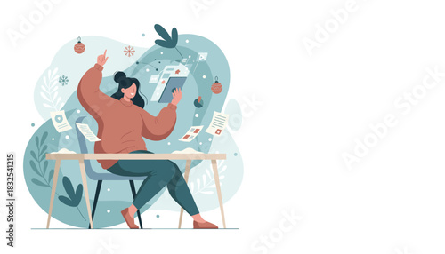 Woman celebrates success managing festive tasks and holographic data on a tablet