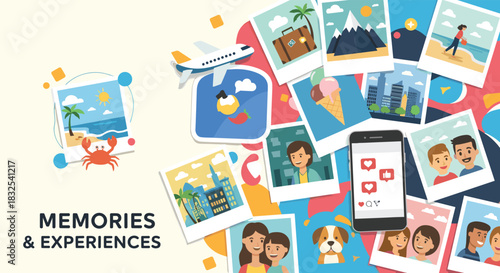 A collage of travel photos and vacation snapshots, with a smartphone showing social media likes, representing memories and experiences.