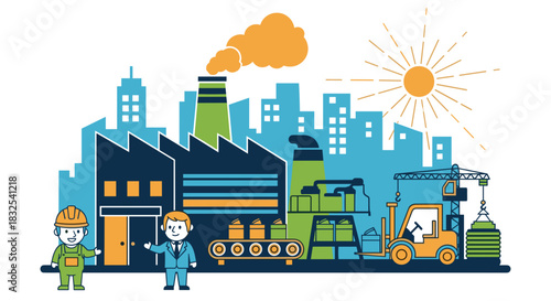 Industrial factory and city illustration showing manager worker production line and heavy machinery