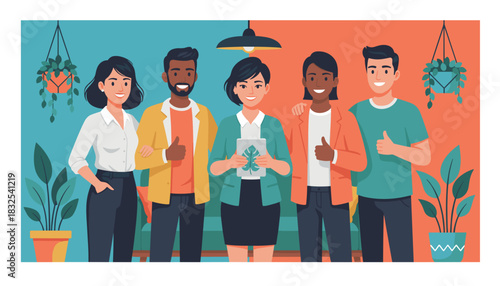 Diverse smiling business team giving thumbs up in a modern collaborative office setting