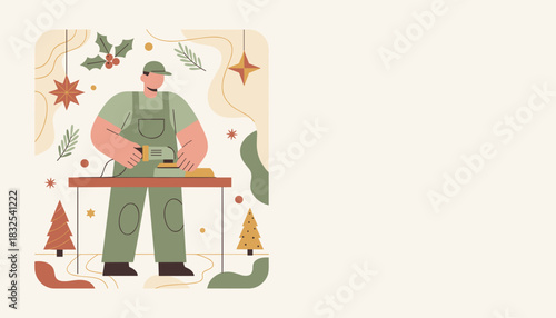 DIY holiday crafting Man sanding wood for Christmas projects