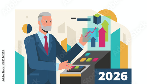 Senior businessman projecting financial growth strategy for the year 2026