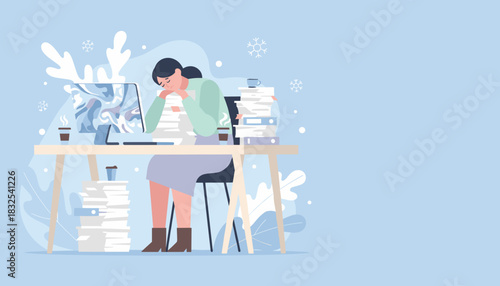 Overworked businesswoman exhausted by huge piles of paperwork and winter deadlines in the office
