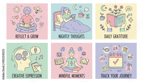 Vector set of selfcare and personal growth concepts journaling mindfulness gratitude and habit tracking