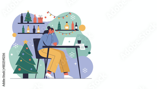 Stressed woman working on laptop during the Christmas holidays Flat illustration of seasonal burnout