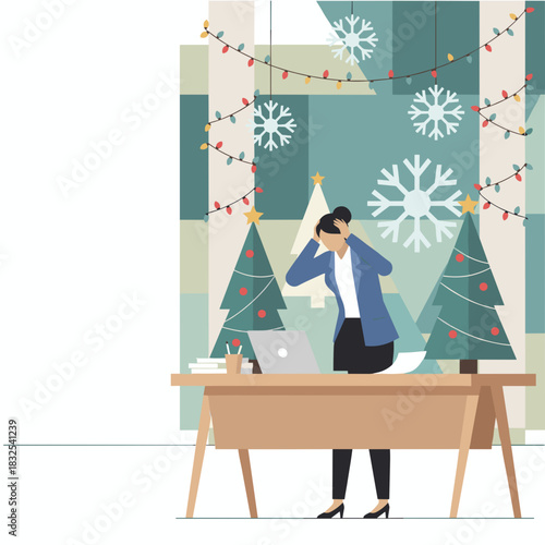 Businesswoman stressed by holiday work deadlines in a festive office setting