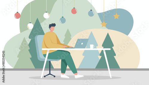 Remote worker using laptop in a cozy decorated winter home office environment