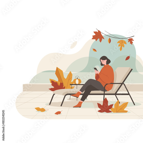 Cozy autumn leisure Woman uses smartphone on outdoor terrace surrounded by colorful fall leaves