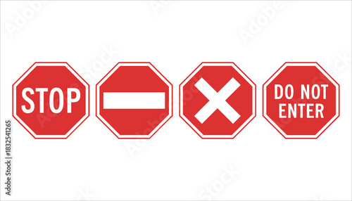 Four red octagonal traffic signs with white symbols and text stop sign do not enter sign