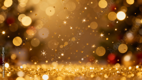 Festive and elegant golden glitter background, perfect for holiday greetings, product display, or seasonal promotions. Features shimmering bokeh lights, sparkling dust, and a subtle Christmas tree in 
