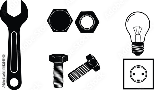 Minimalist vector art of wrench bolts and nuts with light bulb and wall outlet icons arranged in horizontal layout in black silhouette on white engineering background