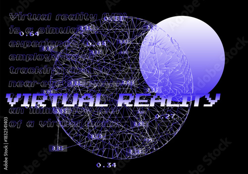 Glowing purple wireframe sphere with floating numerical data points on deep black background. Conceptual vector illustration for VR technology, simulation theory, cyber aesthetics, metaverse.