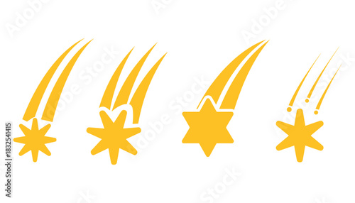 Four yellow shooting star icons with trails and falling particles symbol celestial