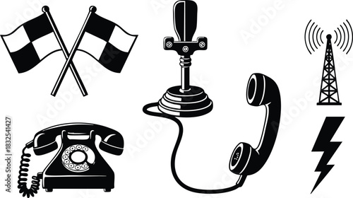 Retro vector art collection of black rotary telephone handset radio tower lightning bolt joystick and crossed racing flags in bold flat silhouette style on white background