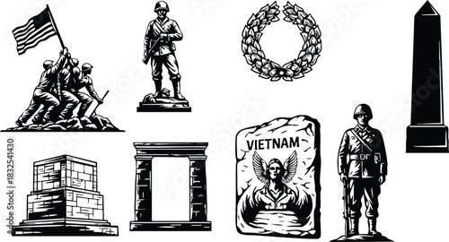 Vintage engraving style war memorial icons with soldiers statues laurel wreath obelisk tomb and vietnam plaque in black and white vector art set