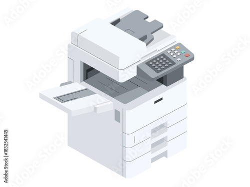 This clean isometric vector illustration depicts a robust white office copier with multiple stacked drawers, an extended side tray, and a detailed angled control panel
