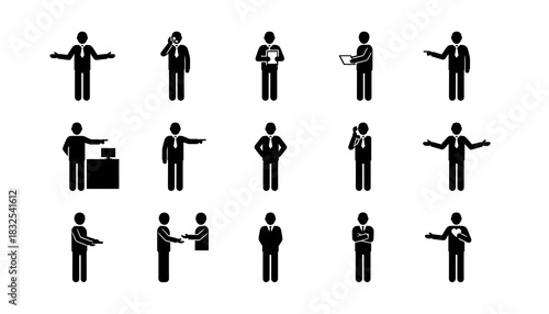 Illustration of stick figures in business attire performing various actions and holding office equipment silhouette
