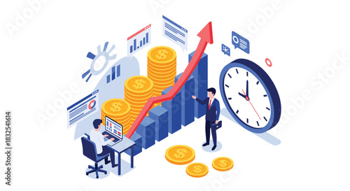 Isometric concept of business investment and financial growth, with people analyzing data and a rising graph next to coins and a large clock.