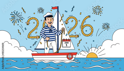 Happy 2026 Sailor navigating the New Year on a boat Start a fresh journey on January 1st