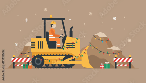 Christmas construction worker operates a festive bulldozer in the snow decorated with holiday lights