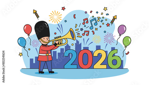 Cartoon guard plays trumpet celebrating New Year 2026 amid city skyline fireworks and music