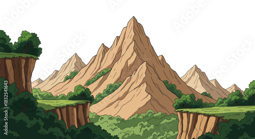 Majestic Anime Mountain Range with Lush Green Valleys and Cliffs.