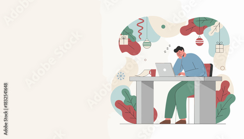 Overworked man asleep at his laptop during the demanding holiday season