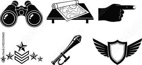 Military vector art with binoculars map table pointing hand rank stars dagger and winged shield in bold black silhouette style on white background