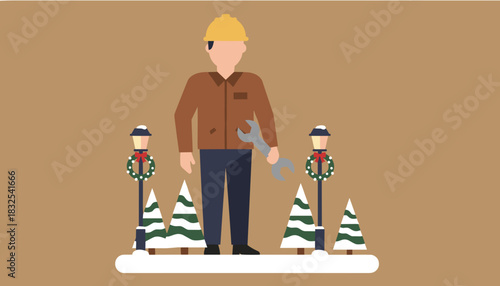 Contractor with wrench standing amidst snowy trees and holidaydecorated streetlights