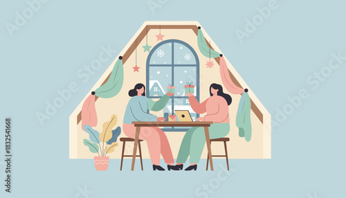 Friends exchanging gifts in a cozy attic room during winter holidays