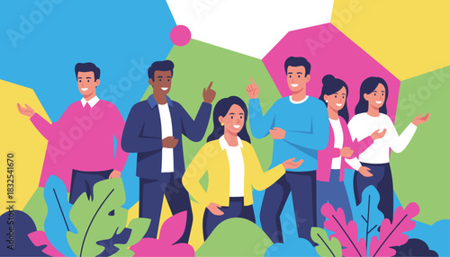 Diverse group collaborating and presenting ideas in a vibrant flat vector illustration Teamwork concept