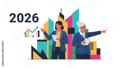 Corporate planning for 2026 growth Diverse business women point toward future success