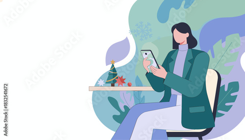 Modern holiday technology Woman uses phone next to a decorated Christmas tree