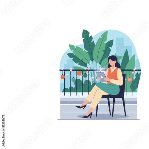 Professional woman relaxing and working on a tablet on a decorated city balcony