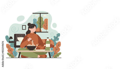 Woman enjoys a meal of noodles and chicken at home illustrating cozy dinner and comfort