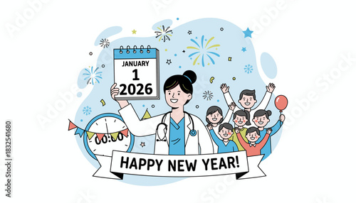 Happy New Year 2026 illustration Doctor and people celebrating health and future wellness goals