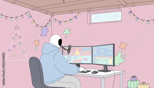 Faceless streamer in a pink festive basement studio using a microphone and dual monitors