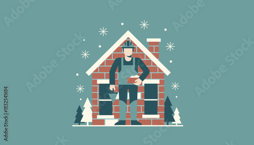 Construction worker in hard hat building a brick house during snowy winter weather