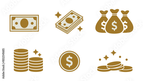 Gold dollar bills money bags and coins with sparkles cash currency