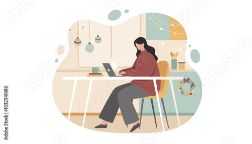 Woman works remotely on laptop in a cozy Christmasdecorated home office Holiday productivity