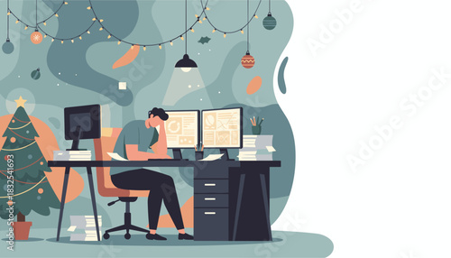 Tired man working late at Christmas desk Holiday burnout and deadline pressure in the office