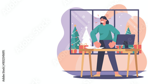 Workplace stress during the holidays Furious employee working near a decorated window