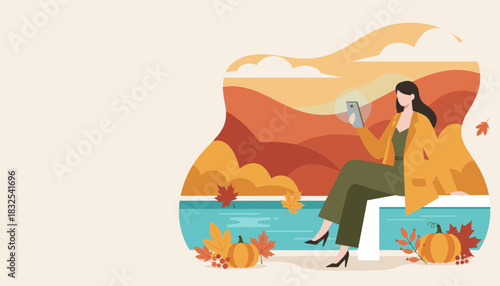 Stylish woman using phone in a vibrant autumn landscape with pumpkins and falling maple leaves