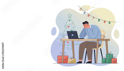 Burnout concept Stressed man working on his computer during the Christmas holiday season