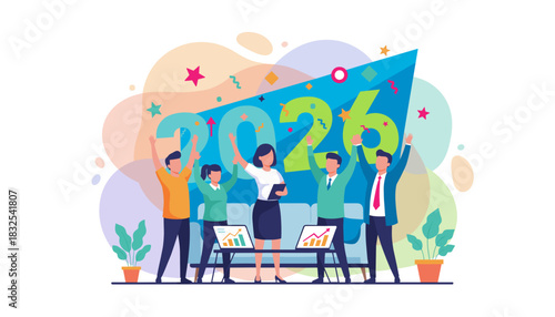 Diverse business team celebrates 2026 success goals teamwork and financial growth projections