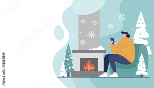 Cozy winter evening Woman relaxing by the fire using smartphone snowflakes outside